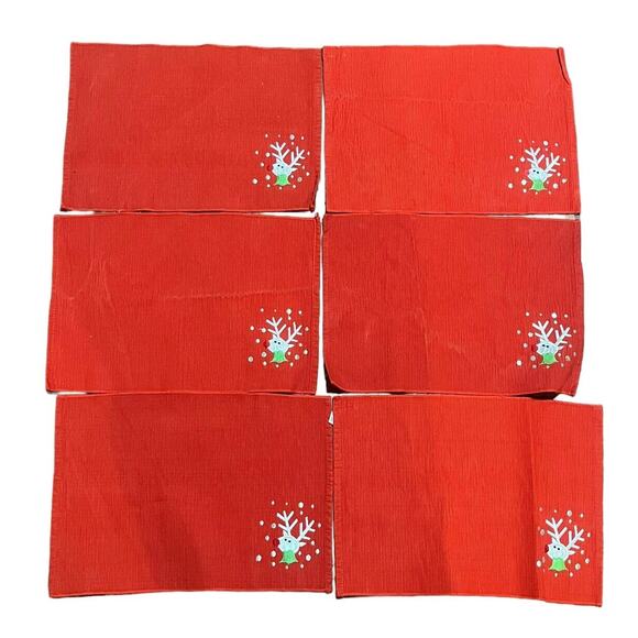 6 Red Christmas Rudolph Placemats Holiday Placemat Embroidered Silver 16x12 - Picture 3 of 5